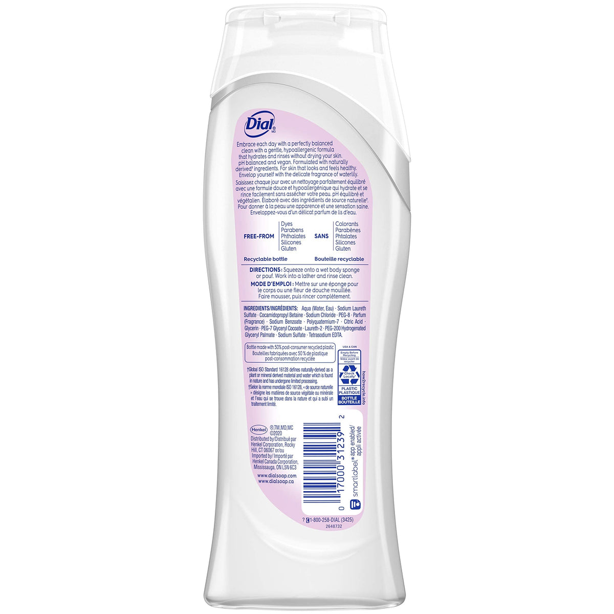 Dial bottle closeup label highlights hypoallergenic, vegan features for reassurance