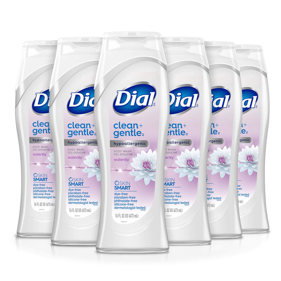 Dial Healthy & Sensitive waterlily front packaging shows gentle cleanser and size benefit