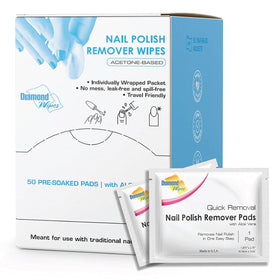 Diamond Wipes front packaging showing 50 sealed acetone pads for portability