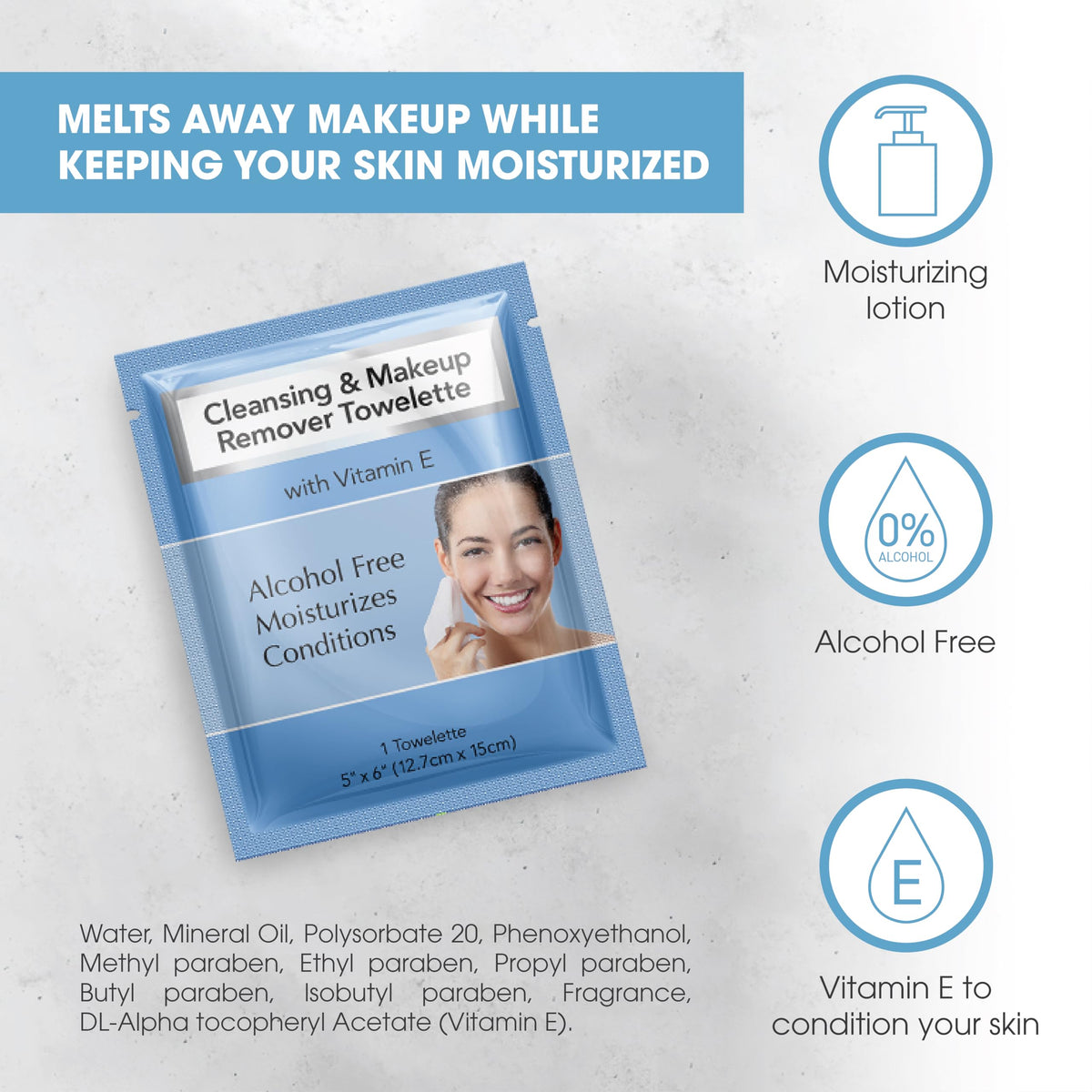 Diamond Wipes ingredient label displaying vitamin E and alcohol-free benefit