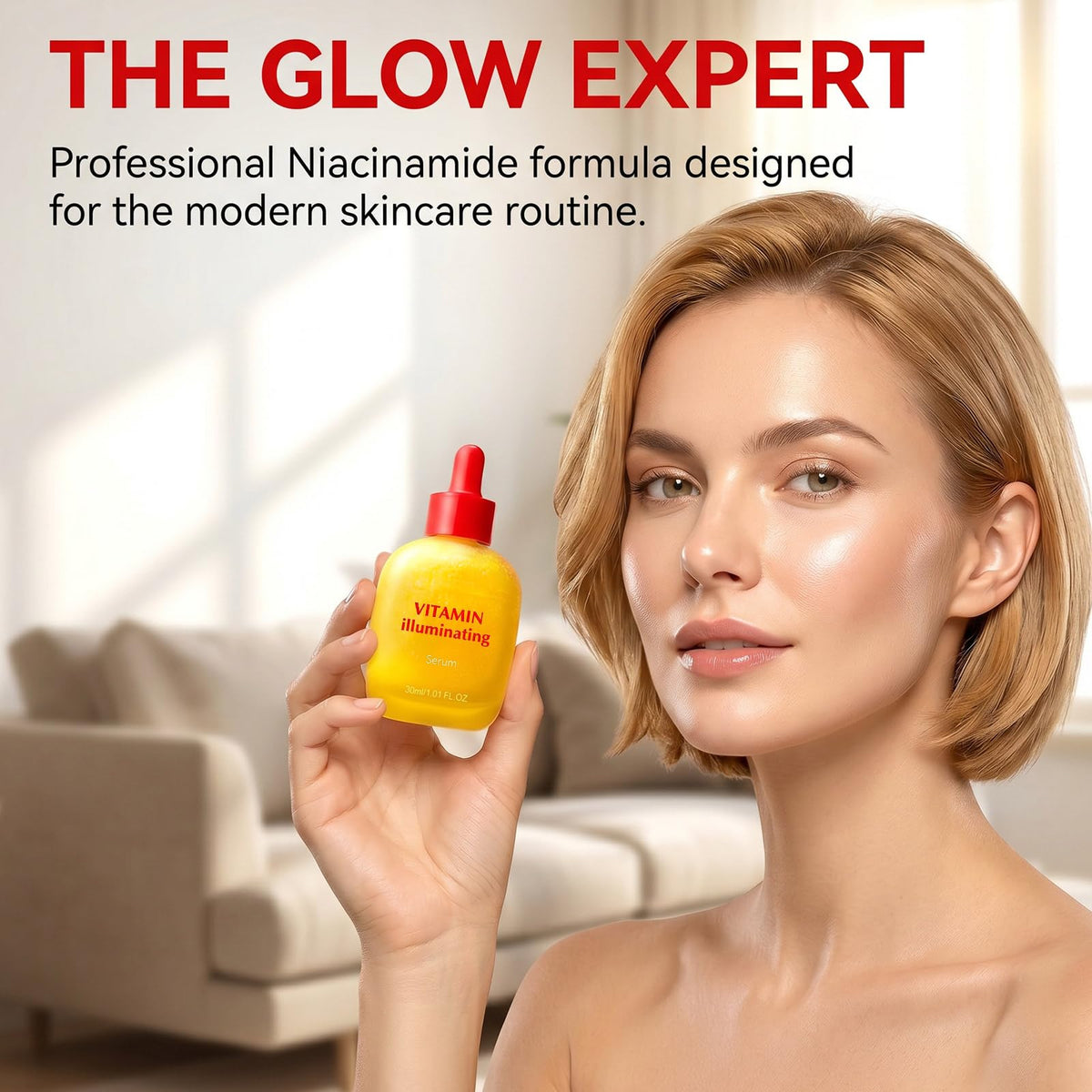 Dibhhui serum on bathroom shelf in routine scene promoting daily skincare use