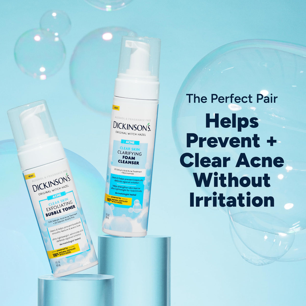 Dickinson's cleanser staged in bathroom routine promoting clear skin