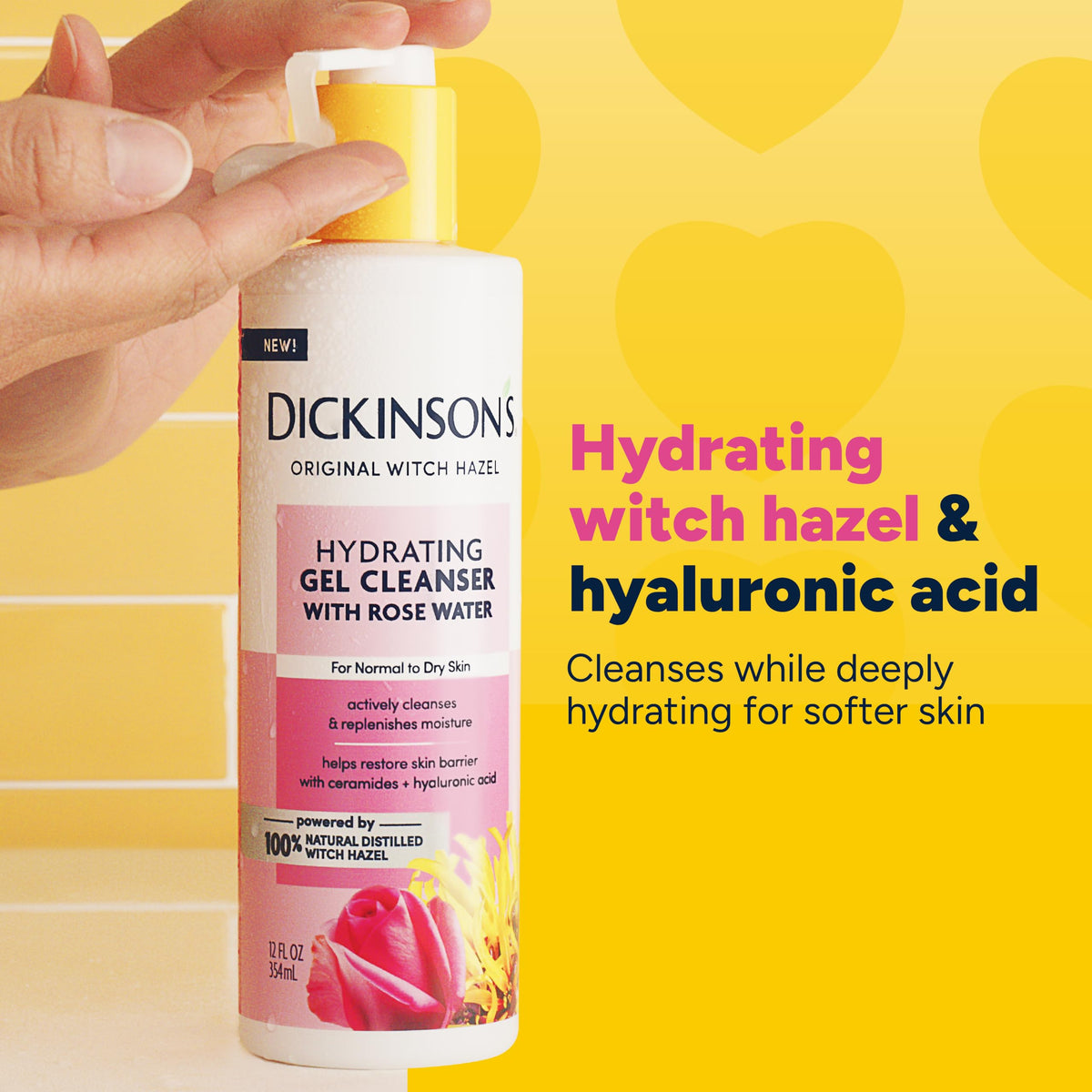 Dickinson's bottle label closeup with rose water detail for soothing skin benefit