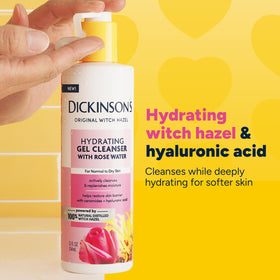 Dickinson's bottle label closeup with rose water detail for soothing skin benefit