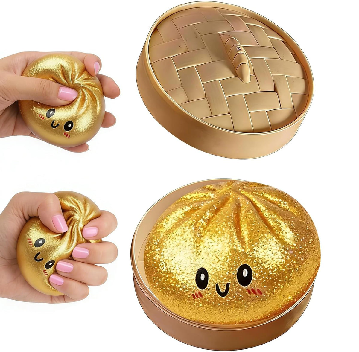 DICSINM front view of gold dumpling squishy showing shape and playful appeal