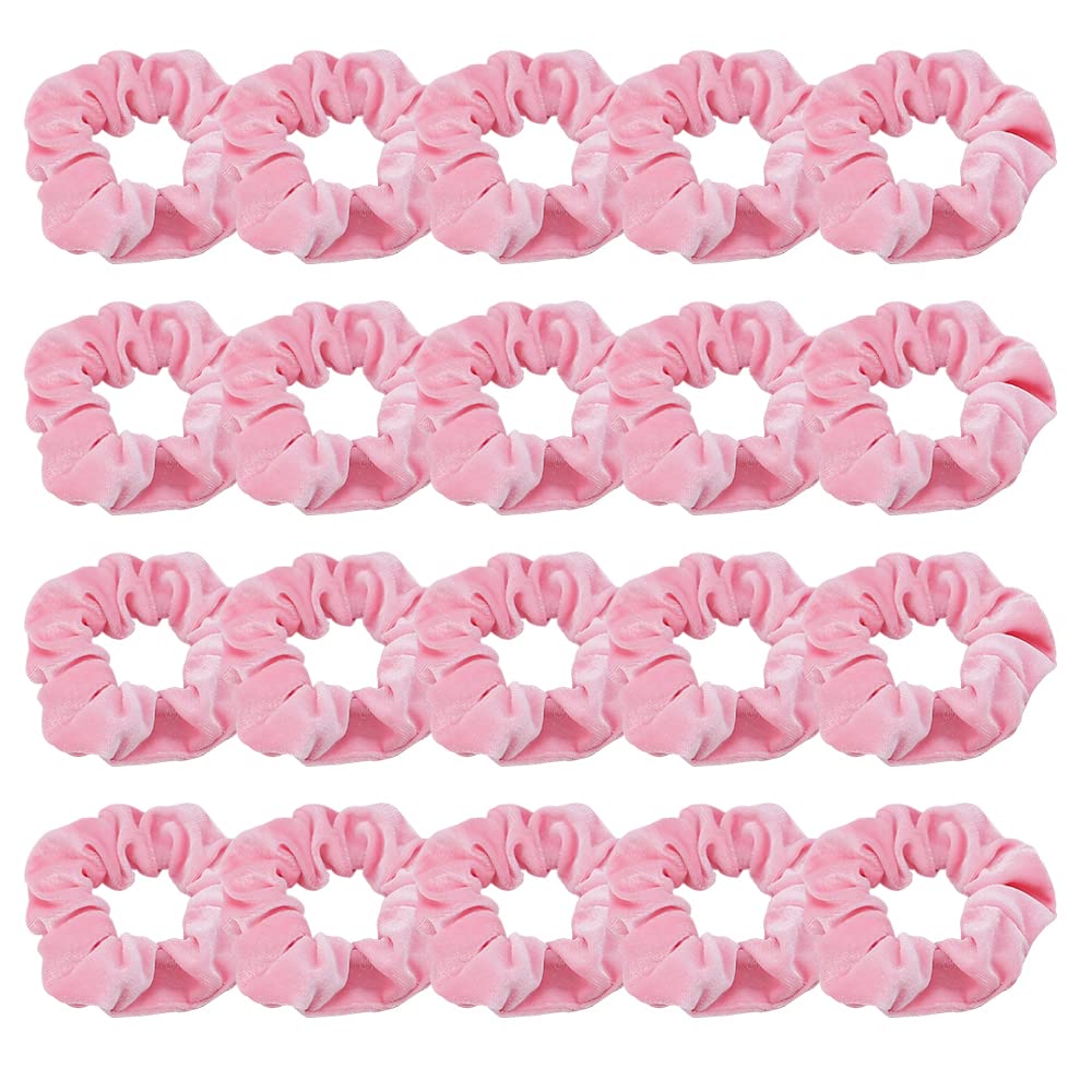 Didder front view of 20 pink velvet scrunchies showing set value and color