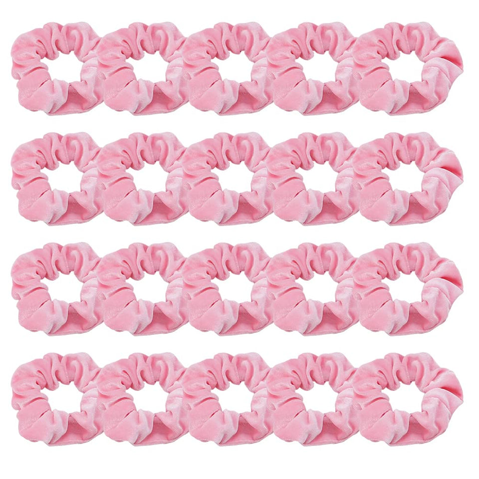 Didder front view of 20 pink velvet scrunchies showing set value and color
