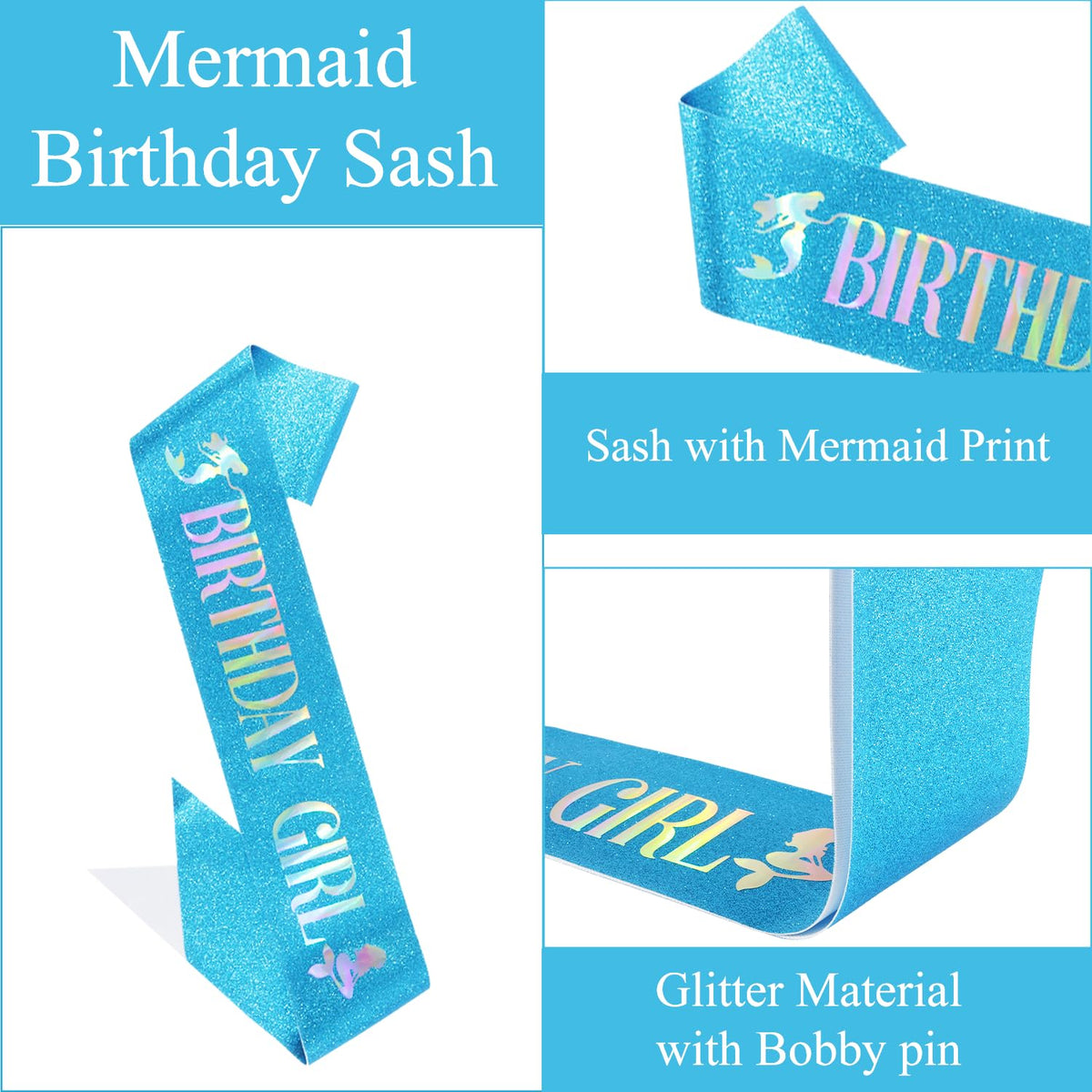 Didder glitter sash flat lay with mermaid print, enhances birthday photos
