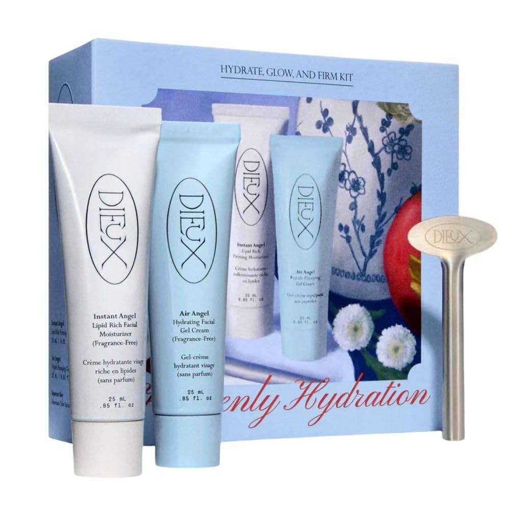 Dieux front packaging of Heavenly Hydration kit showing creams and squeeze key for convenient use