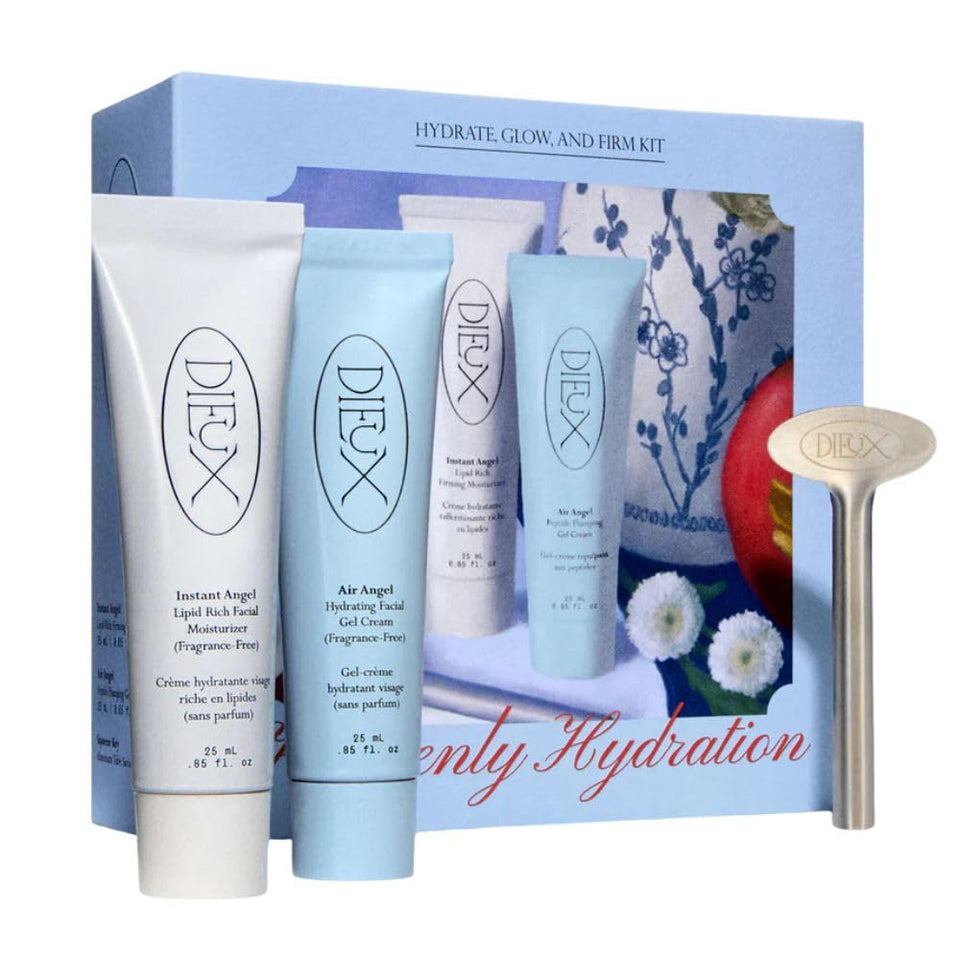 Dieux front packaging of Heavenly Hydration kit showing creams and squeeze key for convenient use