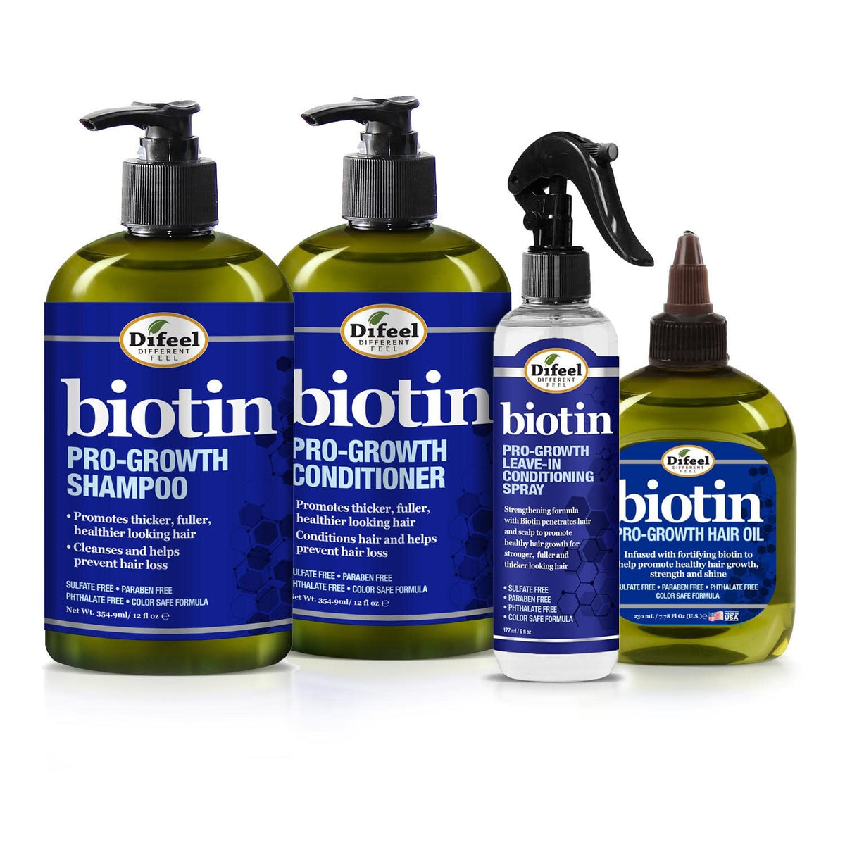 Difeel front packaging showing the four-piece biotin hair system for complete routine