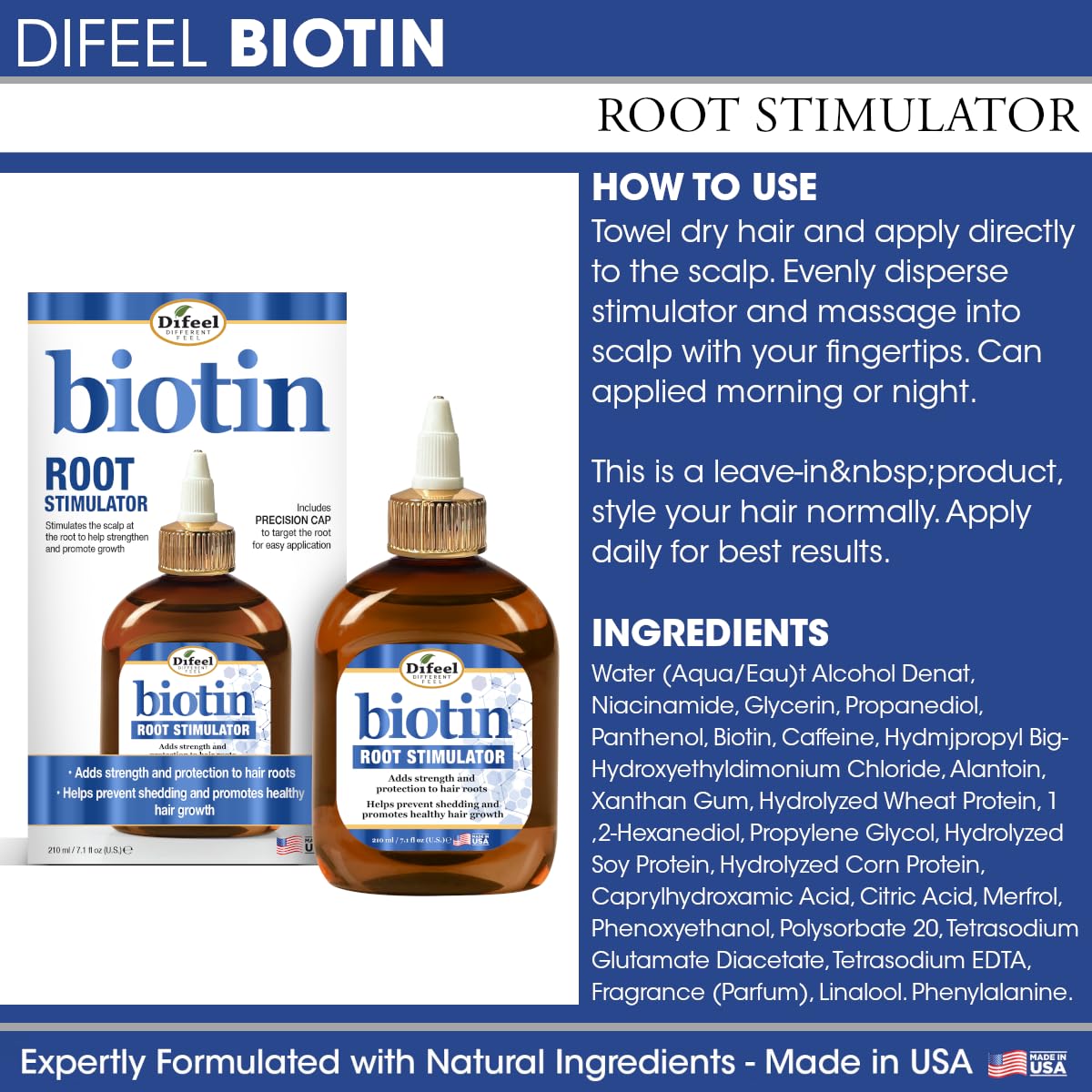 Close-up of Difeel label ingredients listing biotin and keratin