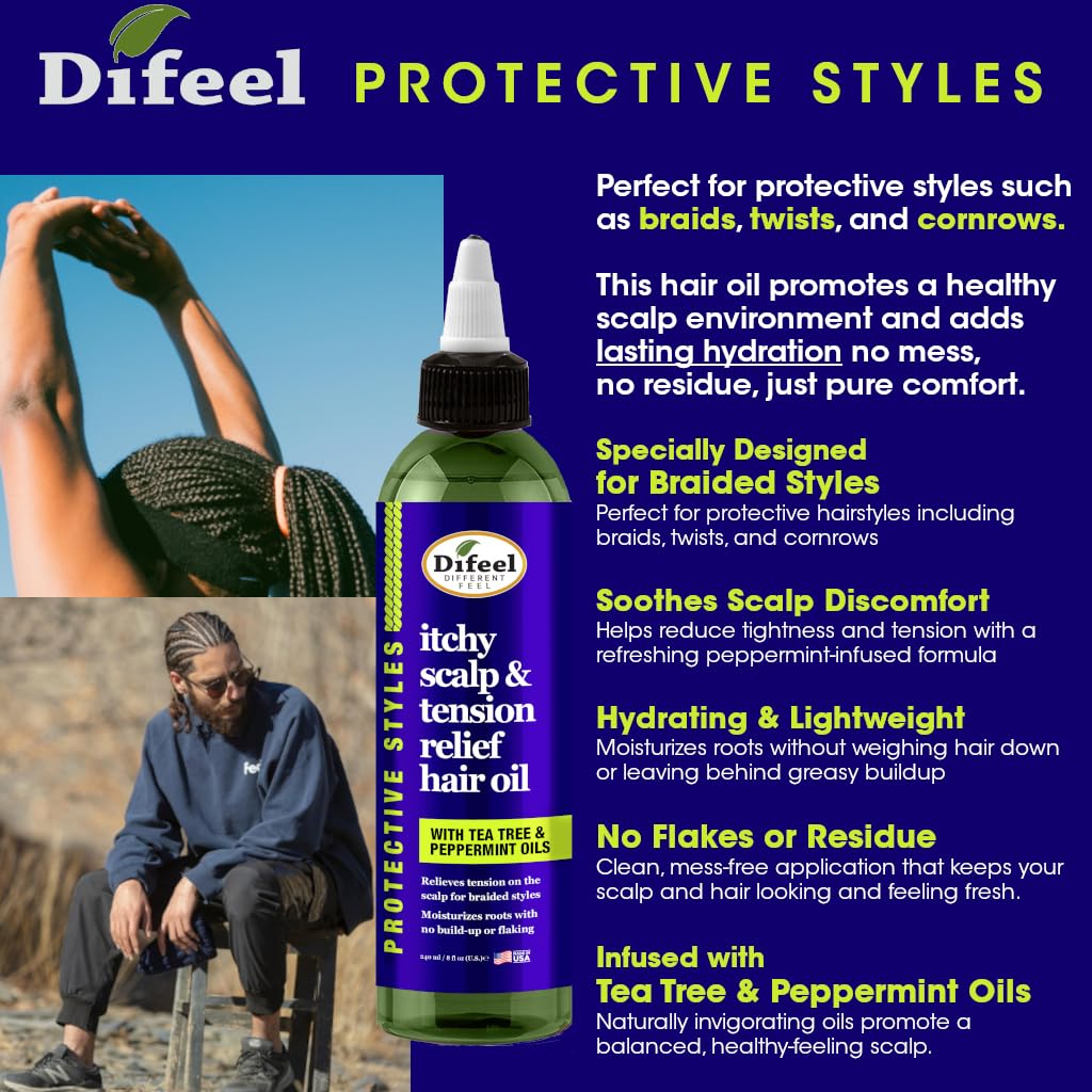 Difeel oil used on braided style in lifestyle scene for refreshed, comfortable scalp
