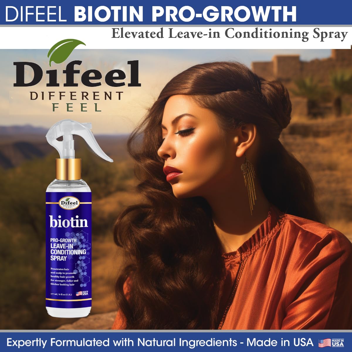 Side-by-side before and after hair images with Difeel showing fuller, shinier appearance