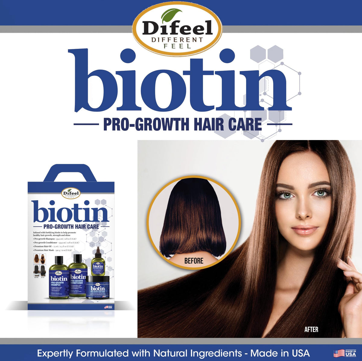 Label close-up of Difeel highlighting paraben-free, phthalate-free, color-safe claims