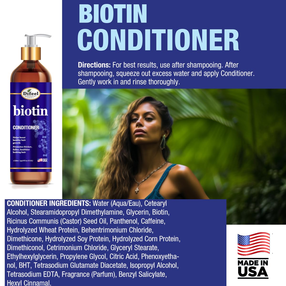 Difeel pouring conditioner into hand for easy application benefit