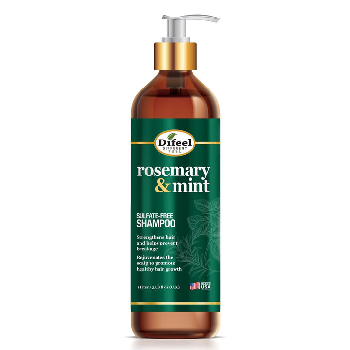 Difeel front bottle of rosemary mint shampoo showing label and 33.8 oz size for long-lasting use