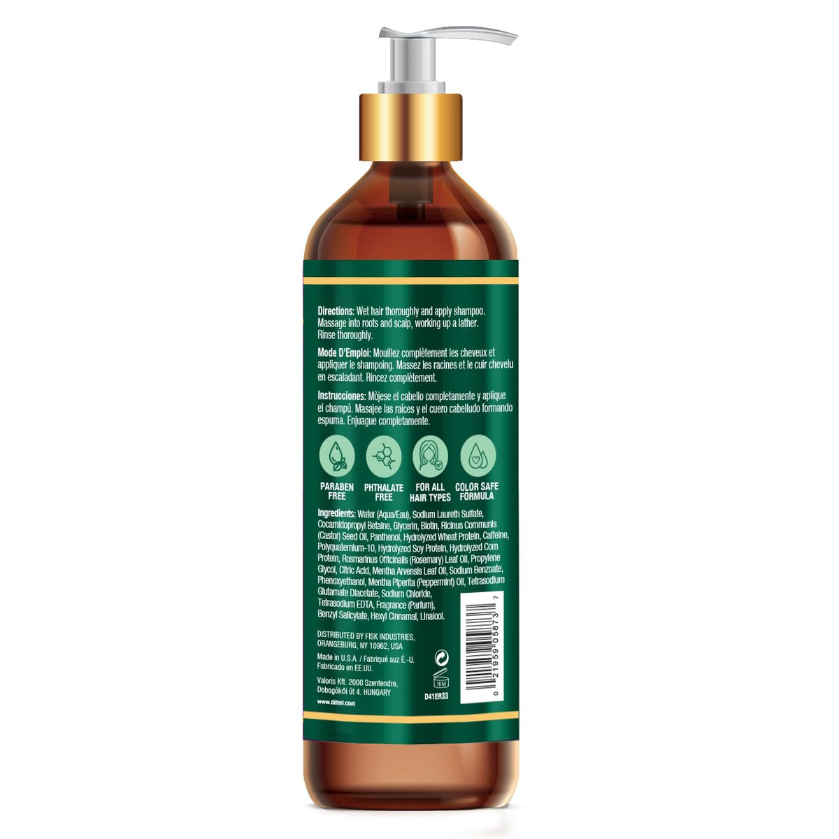 Difeel pump close-up on shampoo bottle highlighting easy dispensing and convenient storage