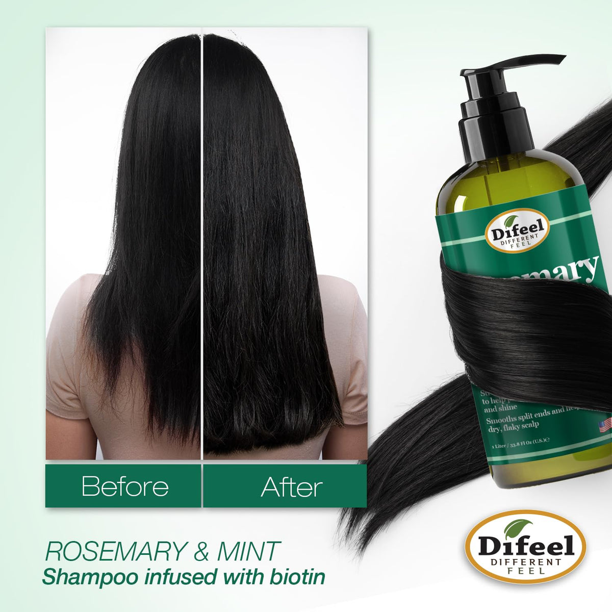 Difeel shampoo next to common bottles to show 33.8 oz size for home or salon use