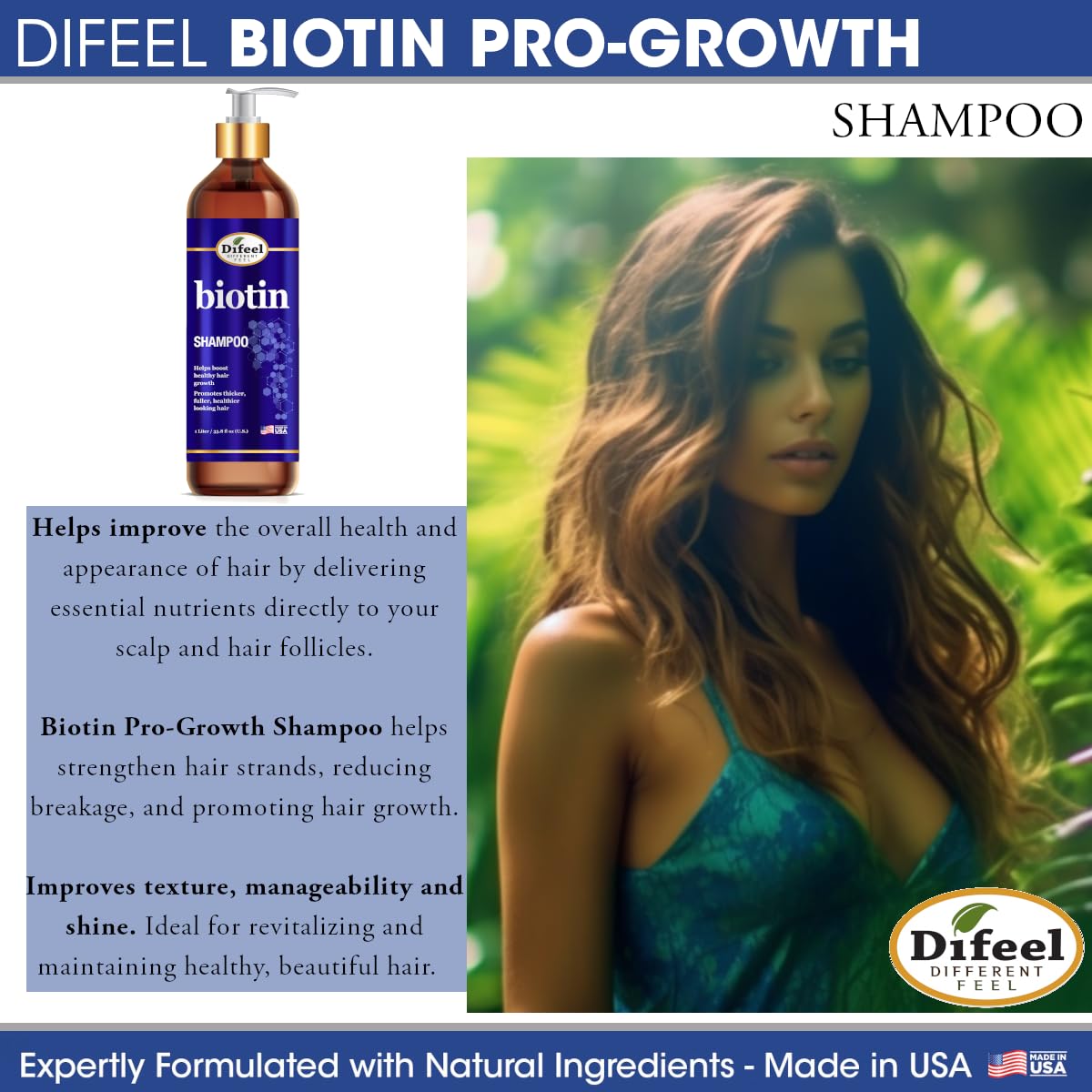 Difeel bottle ingredient label close-up highlighting biotin content benefits