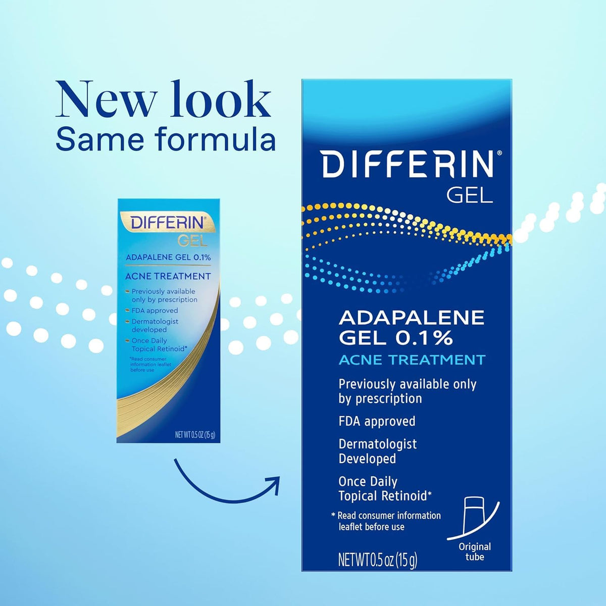 Differin 15g tube beside a coin for scale to show portable benefit