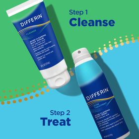 Differin ingredient callout highlighting salicylic and glycolic acids for pore care