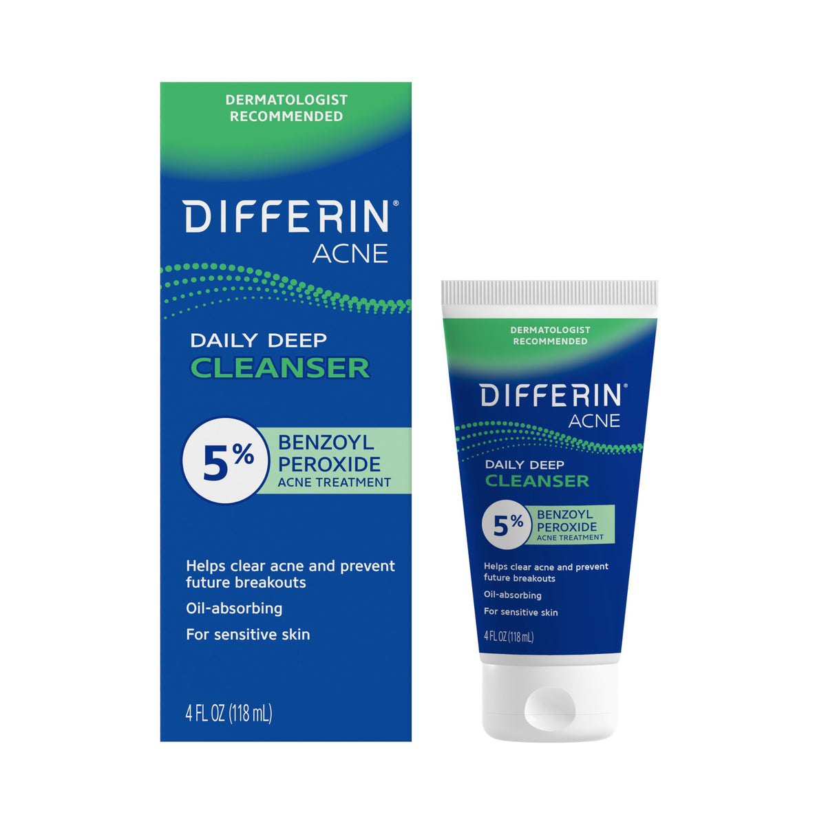 Differin front packaging showing brand and acne wash, clarifies usage