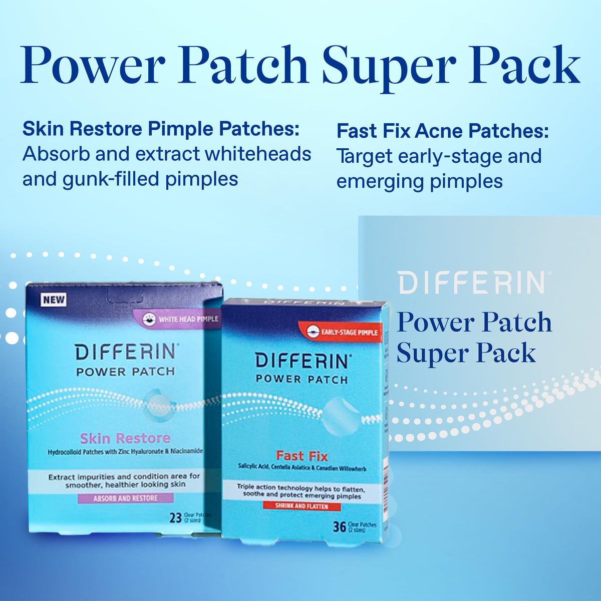 Differin Fast Fix patch close-up on backing paper, benefit exfoliates and soothes early pimples