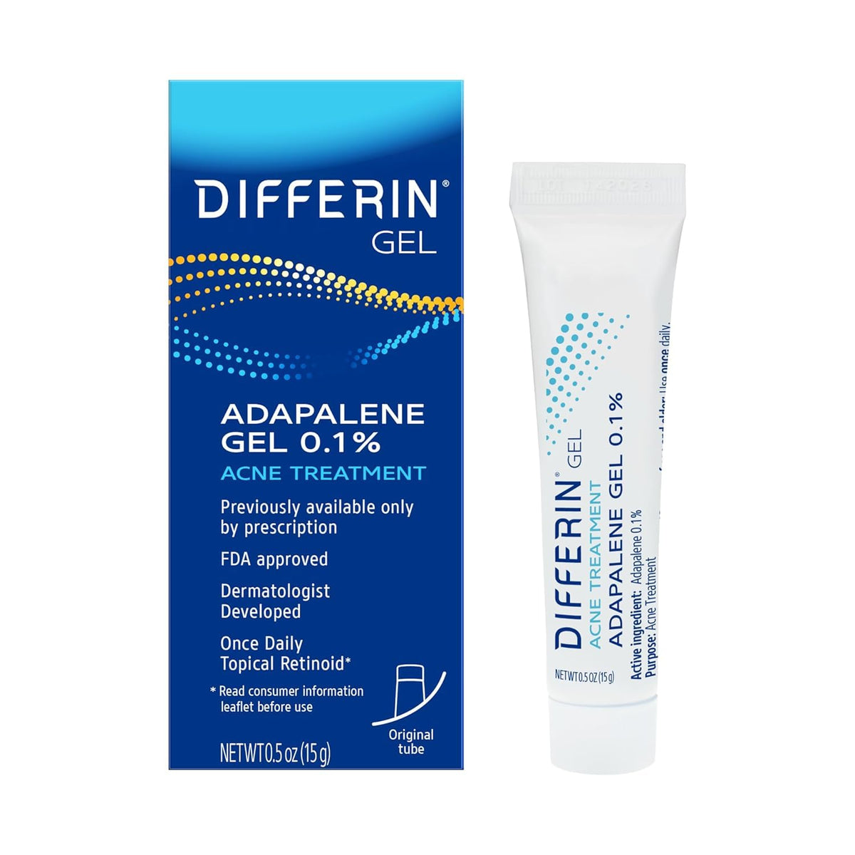 Differin tube front view showing brand and clear acne solution benefit
