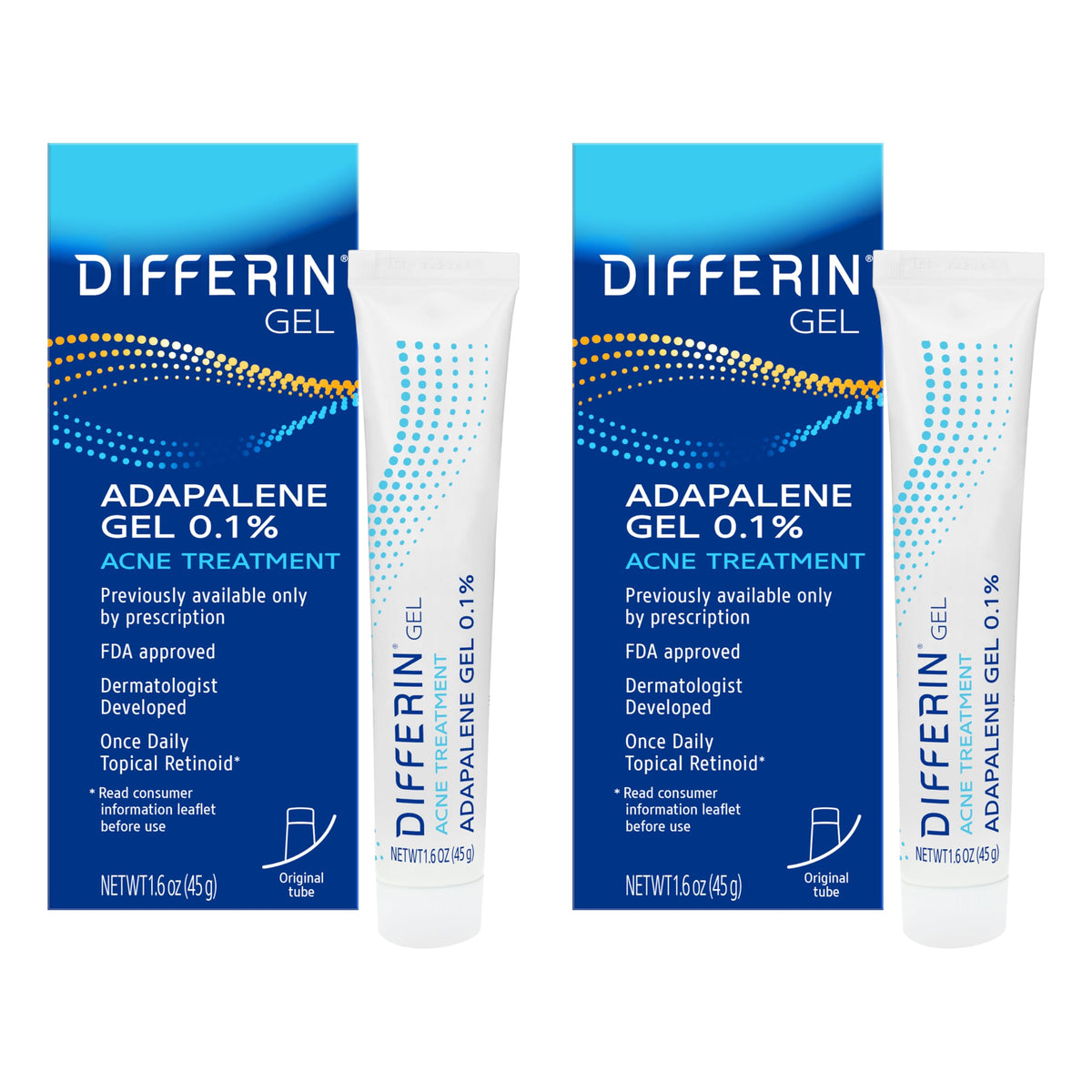 Differin front packaging showing both 15g tubes and dosage information for clarity