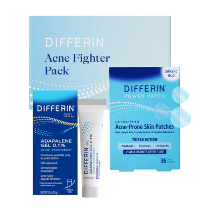 Differin acne fighter pack front showing tube and patch pack benefit quick treatment