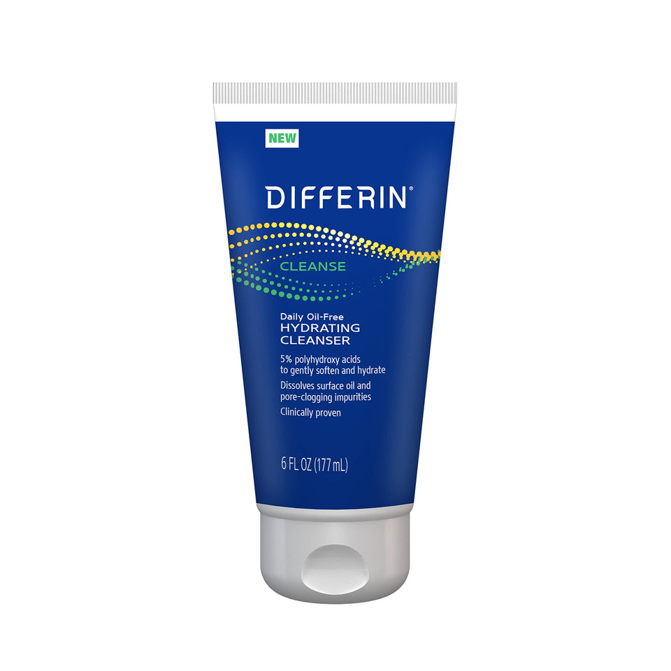 Differin front packaging showing 6 oz cleanser and brand benefit