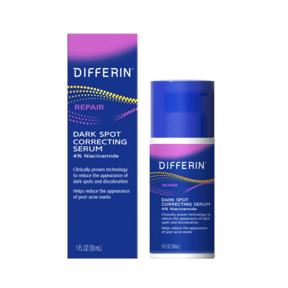 Differin front packaging of dark spot correcting serum showing bottle and box benefits