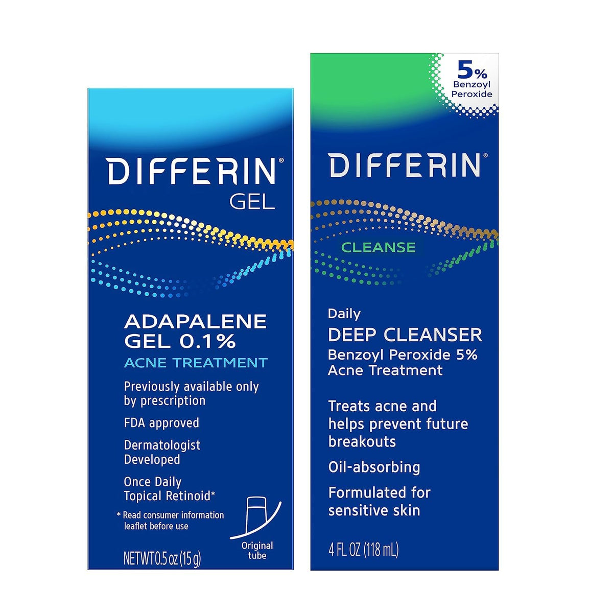 Differin kit front packaging showing gel and cleanser, brand delivering a clear-skin routine