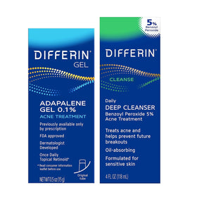 Differin kit front packaging showing gel and cleanser, brand delivering a clear-skin routine