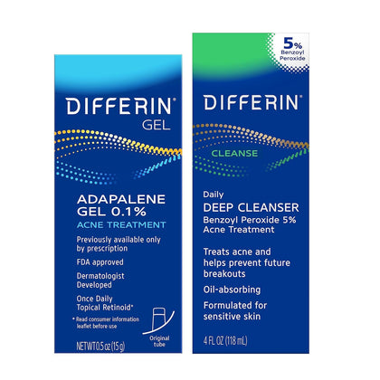 Differin kit front packaging showing gel and cleanser, brand delivering a clear-skin routine