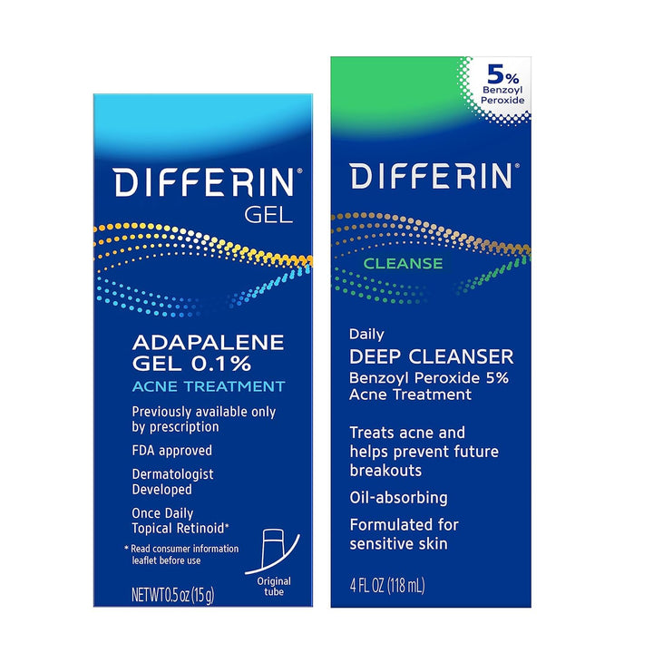 Differin kit front packaging showing gel and cleanser, brand delivering a clear-skin routine