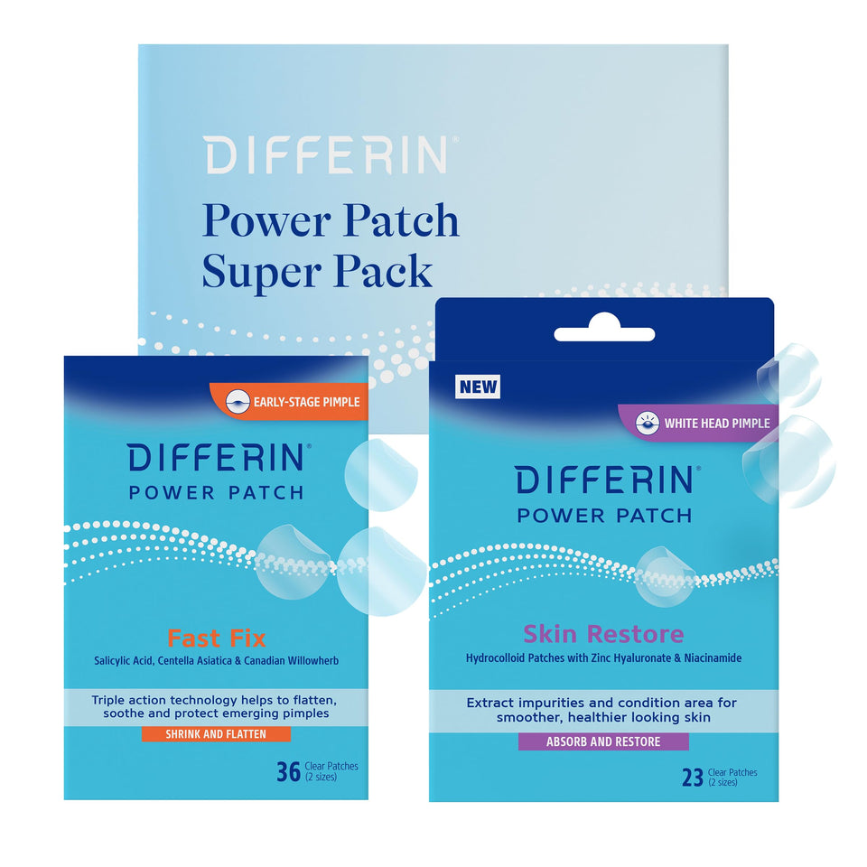 Differin kit front packaging showing both Fast Fix and Skin Restore patches, benefit quick targeted treatment