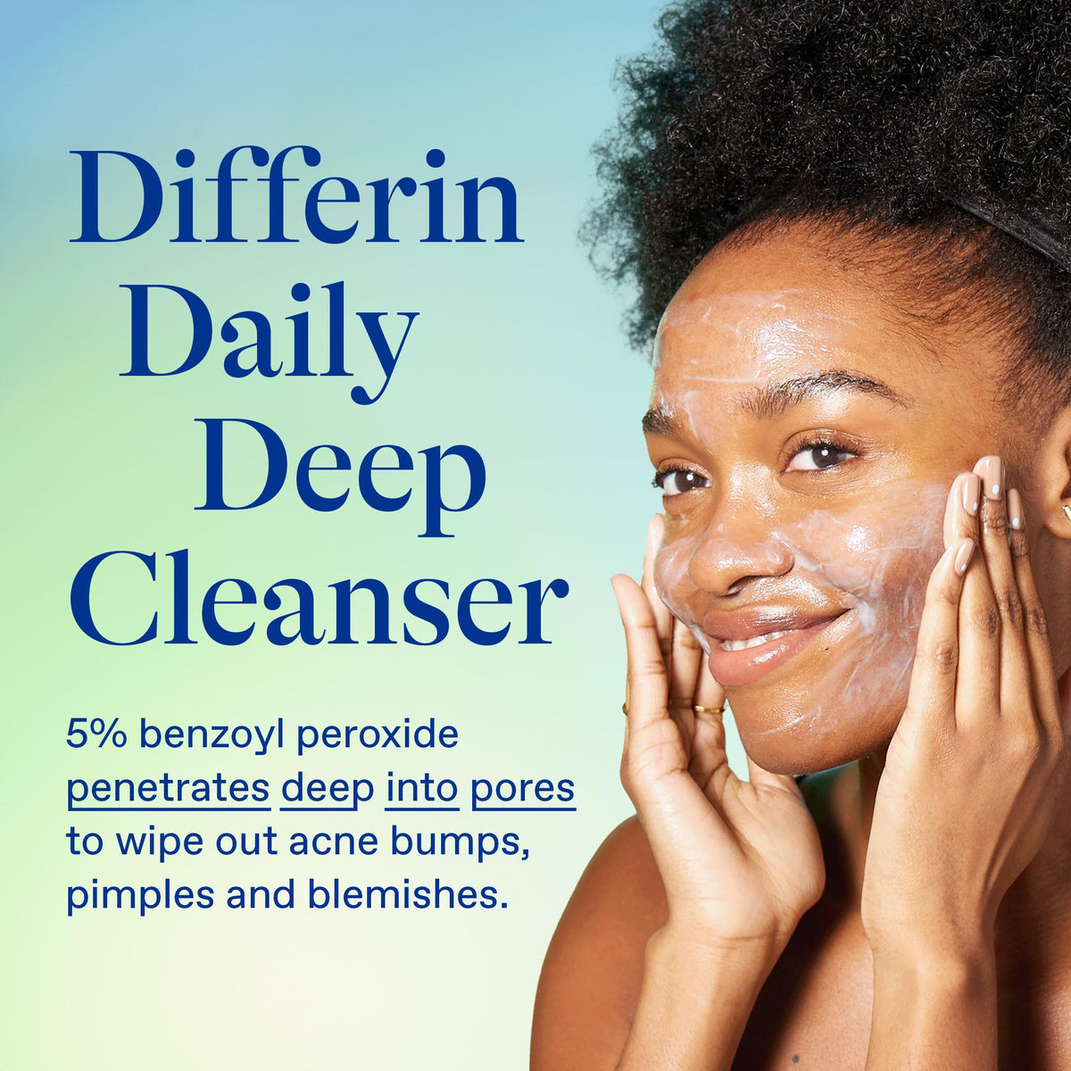 Differin lather on hand demonstrating gentle foaming that removes oil