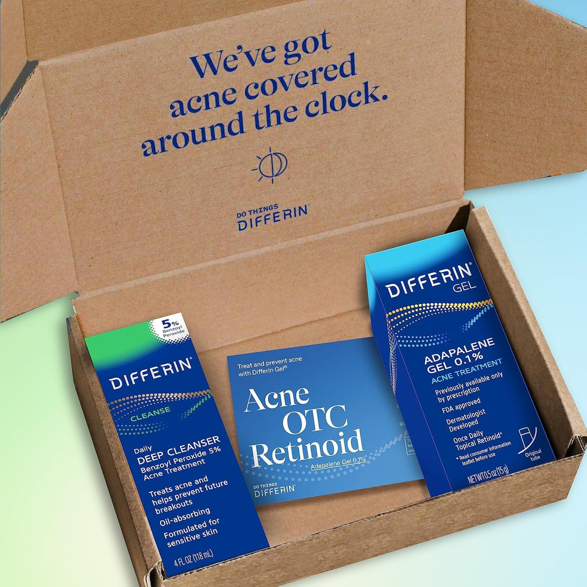 Bathroom scene with Differin kit in routine demonstrating daily skincare use