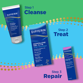 Differin next to cleanser and sunscreen to show daily routine benefit