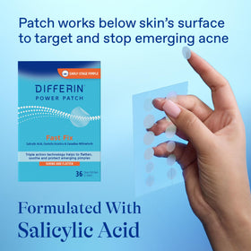 Differin patch applied to cheek during daytime, benefit discreet protection and healing while active