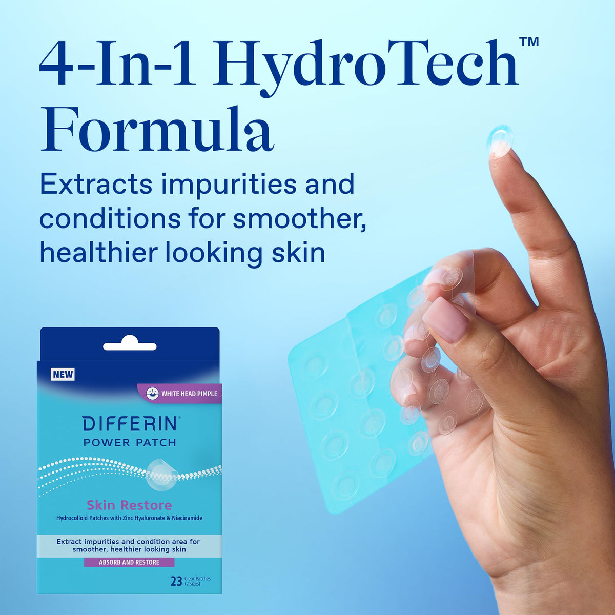 Differin patches size comparison flat lay with small and large options, benefit covers single or clustered blemishes
