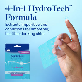 Differin patches size comparison flat lay with small and large options, benefit covers single or clustered blemishes