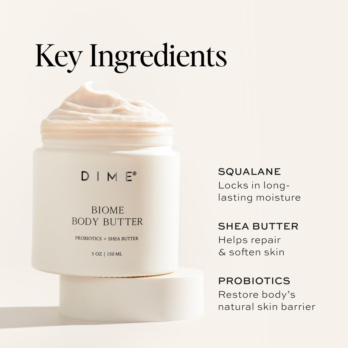DIME applying body butter to hand, demonstrates quick absorption benefit
