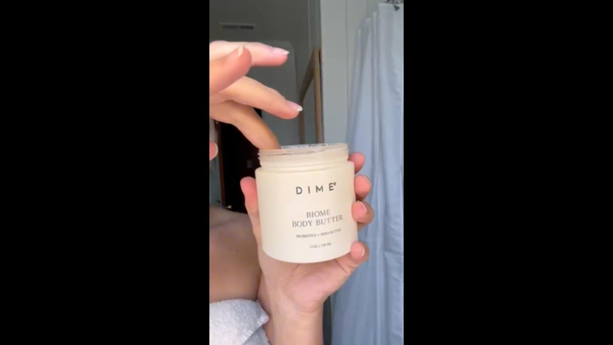 DIME jar on bathroom shelf lifestyle, suggests daily clean-beauty routine