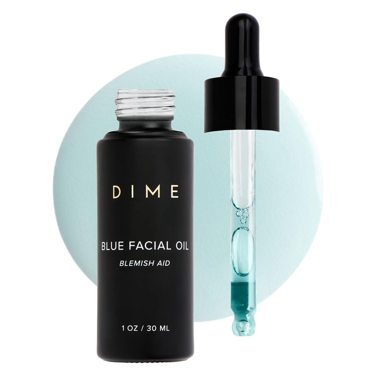 DIME front bottle image showing blue facial oil and clear label for product identification