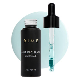 DIME front bottle image showing blue facial oil and clear label for product identification