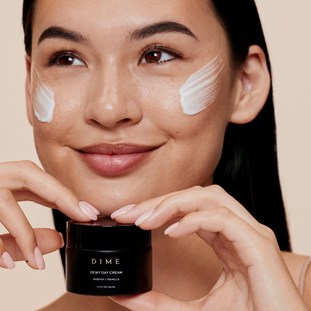 DIME Dewy Day Cream in morning bathroom routine showing easy layering