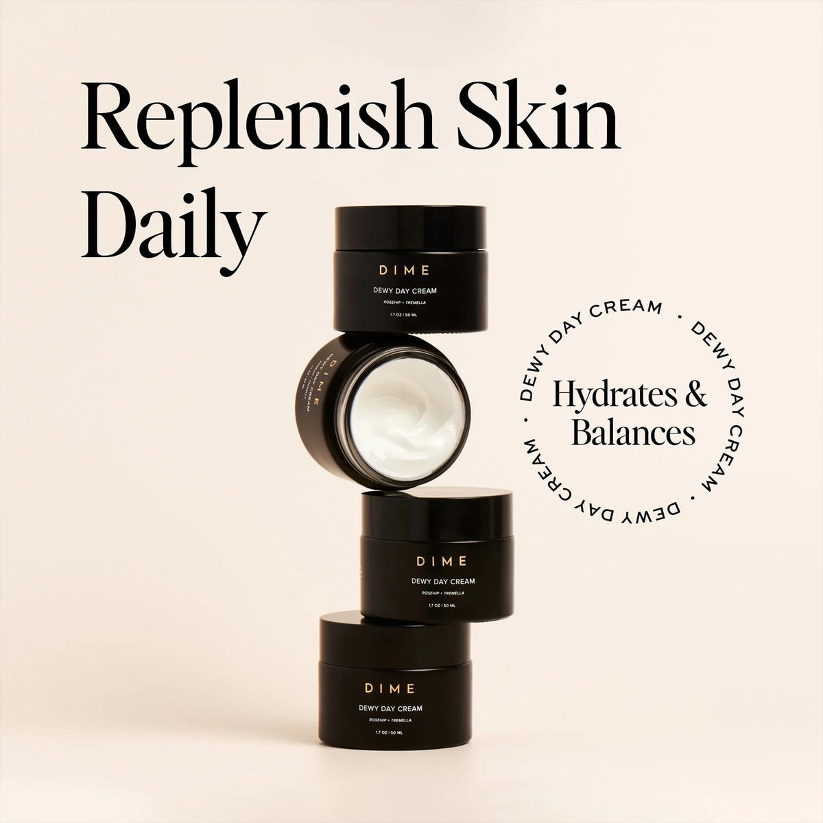 DIME Dewy Day Cream next to coin for 50ml size comparison and portability